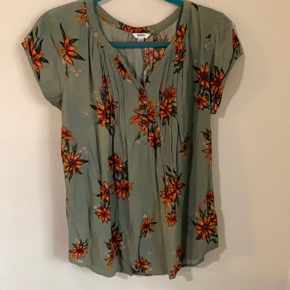 Olive Green Orange Floral Blouse